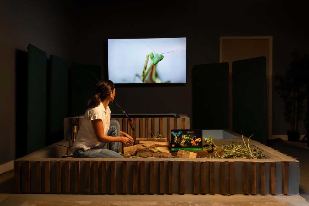 A woman sits in a small, enclosed area filled with greenery and wood pieces, facing a large screen displaying a close-up of a praying mantis. Nearby, educational materials and a LEGO Insect model add to the immersive learning experience.