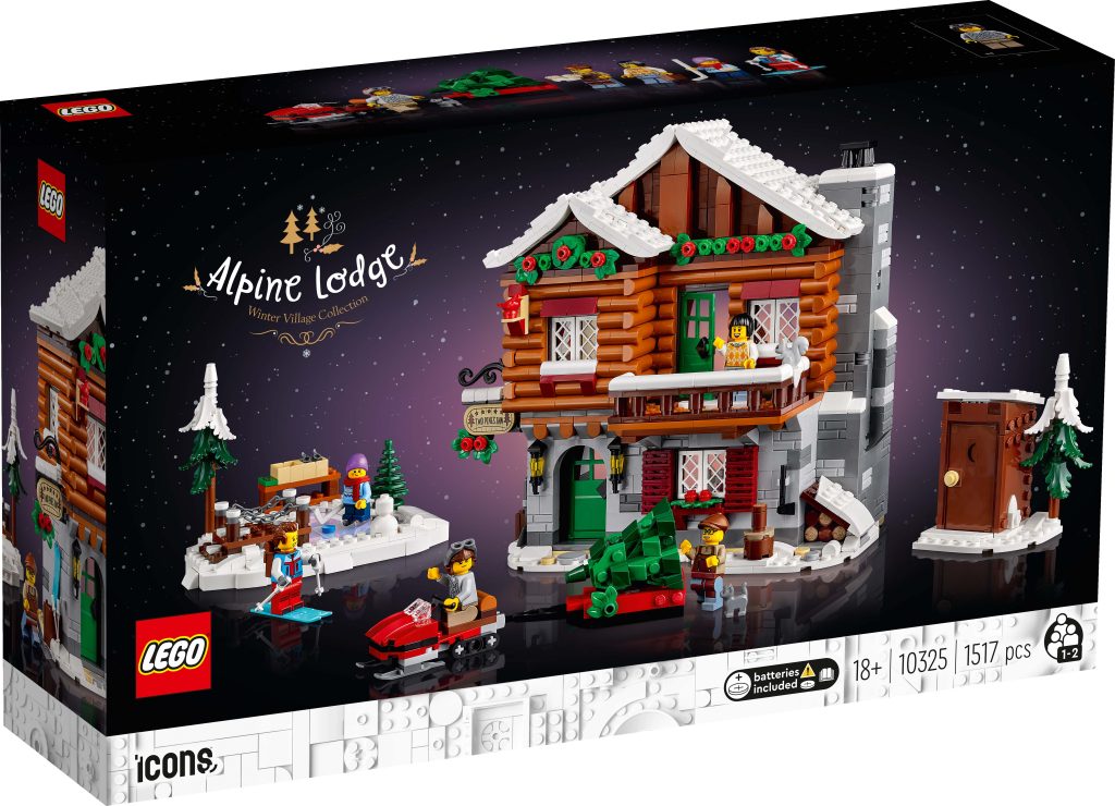 Take a Winter Trip to the LEGO® Icons Alpine Lodge [10325]: this festive log cabin set features snow, decorated trees, minifigures, a snowmobile, and a skating area. Perfect for ages 18+, with 1,517 pieces for endless winter fun.