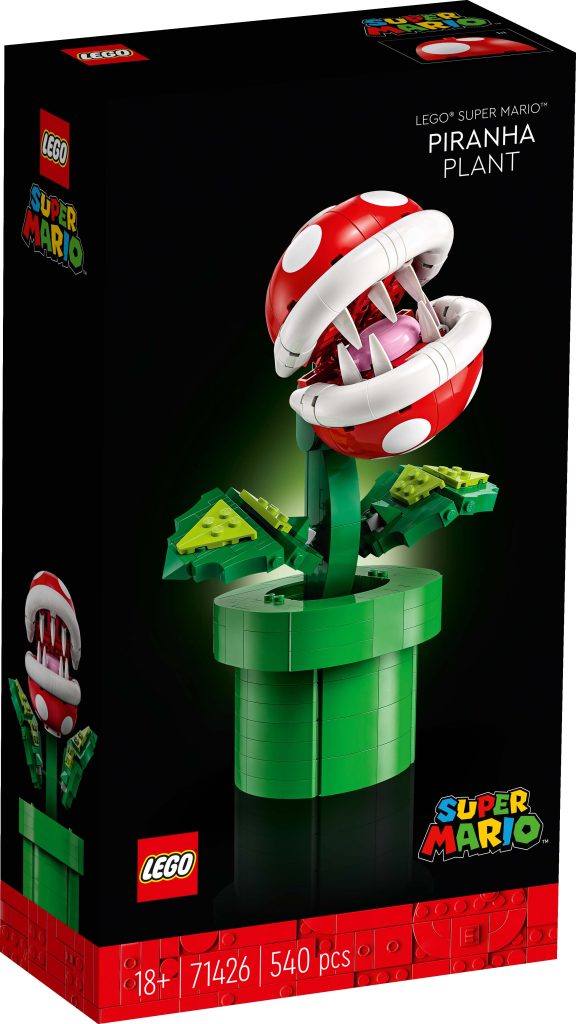 LEGO® Super Mario™ Piranha Plant [71426] set box featuring a built Piranha Plant in a green pipe, 540 pieces, and age 18+ recommended. Striking black background with LEGO and Super Mario logos.