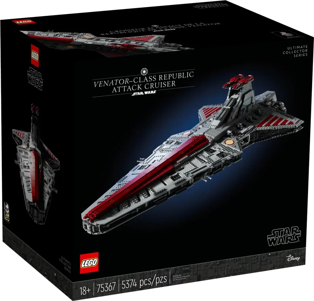 Revealed: UCS Star Wars™ Venator-Class Republic Attack Cruiser, model 75367, displayed in stunning box art with 5,374 pieces against a sleek black background—an ultimate collector’s centrepiece for LEGO Star Wars fans.