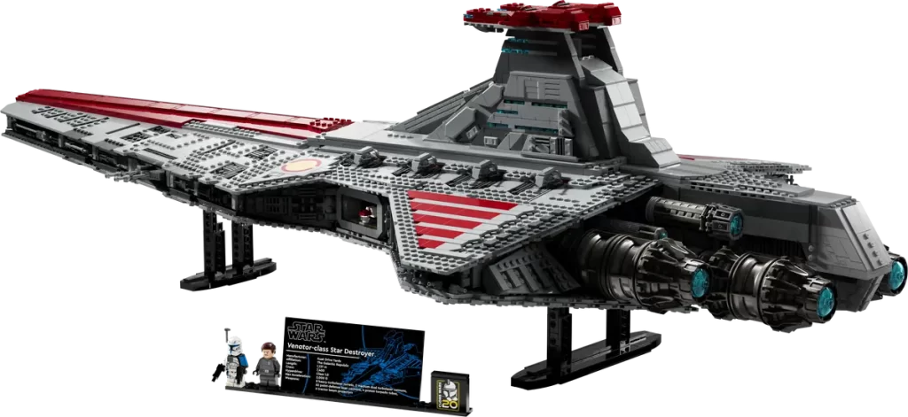 Revealed: UCS Star Wars™ Venator-Class Republic Attack Cruiser—this detailed LEGO model features striking red and grey accents, twin blue engine exhausts, and display plaques with key information alongside minifigures.