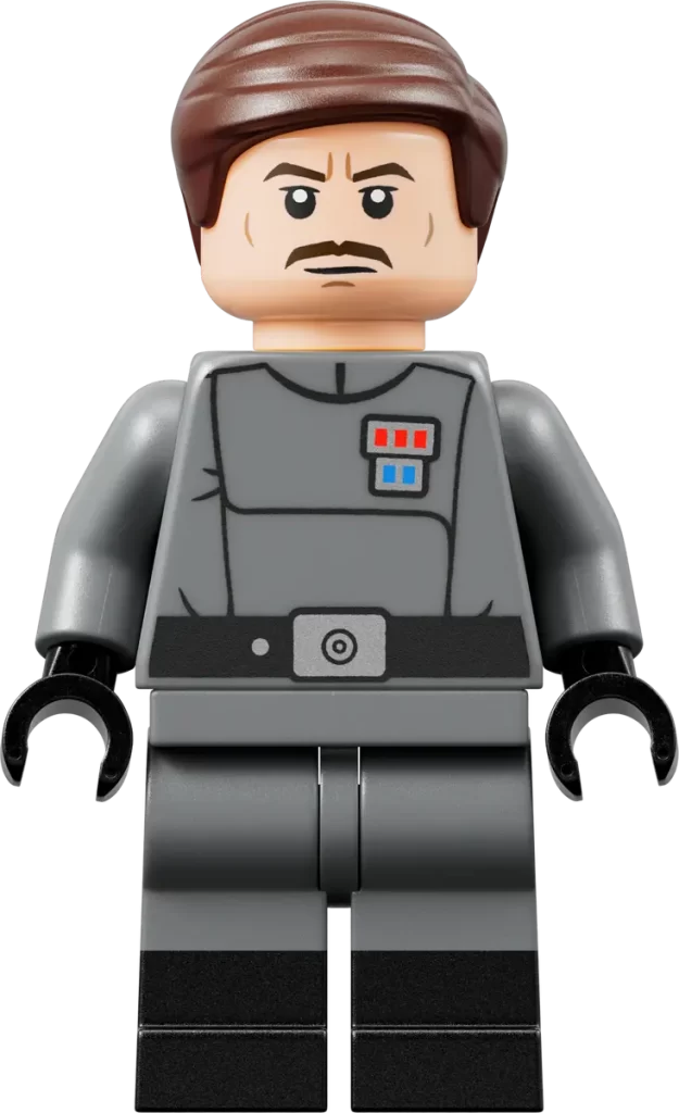 A LEGO minifigure of an officer, inspired by Revealed: UCS Star Wars™ Venator-Class Republic Attack Cruiser, wearing a grey uniform with black gloves, a brown hairpiece, printed moustache, rank insignia on the chest, and a serious expression.