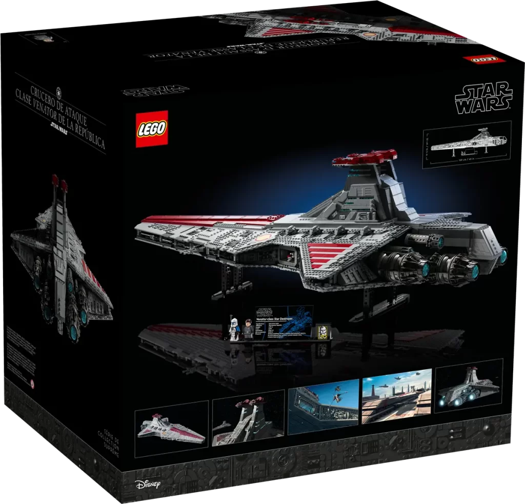 LEGO Star Wars Republic Attack Cruiser set box, revealed as the UCS Star Wars™ Venator-Class Republic Attack Cruiser, features a detailed LEGO ship model, minifigures, and images of the completed build on a black background with iconic branding.