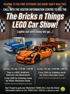 A poster for The Bricks n Things LEGO Car Show featuring LEGO models of a blue pick-up truck and an orange sports car, with event dates, times, and activities listed for 11th and 12th July.